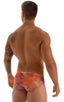 Pouch Brief Swimsuit in Tan Through Orange Jungle, Front View; Pouch Brief Swimsuit in Tan Through Orange Jungle, Rear View; Pouch Brief Swimsuit in Tan Through