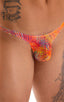 Stuffit Pouch Bikini Swimsuit in Tan Through Orange Jungle, Front View; Stuffit Pouch Bikini Swimsuit in Tan Through Orange Jungle, Rear View; Stuffit Pouch Bik