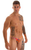 Stuffit Pouch Bikini Swimsuit in Tan Through Orange Jungle, Front View; Stuffit Pouch Bikini Swimsuit in Tan Through Orange Jungle, Rear View; Stuffit Pouch Bik