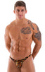 Stuffit Pouch Thong Back Swimsuit in Tiger Print on Mesh, Front View; Stuffit Pouch Thong Back Swimsuit in Tiger Print on Mesh, Rear View; Special Order Notice;