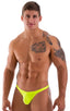 Stuffit Pouch Thong Back Swimsuit in ThinSKINZ Chartreuse, Front View; Stuffit Pouch Thong Back Swimsuit in ThinSKINZ Chartreuse, Rear View; Special Order Notic