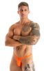 mens micro thong swimsuit  tanga skinz t back bathing suit in Blazing Orange; Mens Thong Swimsuit - Bravura Pouch in Blazing Orange 2; Mens Thong Swimsuit - Bra