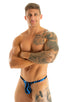 mens micro thong swimsuit  tanga skinz t back bathing suit in Laser Blue Lightning; Mens Thong Swimsuit - Bravura Pouch in Laser Blue Lightning 2; Mens Thong Sw