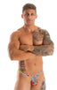 mens micro thong swimsuit tanga skinz t back bathing suit in Semi Sheer Hibiscus Print on Mesh; Mens Thong Swimsuit - Bravura Pouch in Semi Sheer Hibiscus Prin