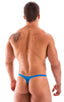 Mens Swimwear Light Blue Thong Swimsuit T Back Bathing Suit M67U-9854-ft Man wearing blue swim briefs on a white background Man wearing a blue thong against a white background