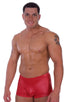 Fitted Pouch - Square Cut - Watersports Swim Trunks in Wet Look Red, Front View; Fitted Pouch - Square Cut - Watersports Swim Trunks in Wet Look Red, Rear View;