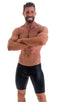 Fitted Pouch Lycra Shorts in Wet Look Black, Front View; Fitted Pouch Lycra Shorts in Wet Look Black, Rear View; Fitted Pouch Lycra Shorts in Wet Look Black, Fr