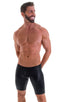 Fitted Pouch Lycra Shorts in Wet Look Black, Front View; Fitted Pouch Lycra Shorts in Wet Look Black, Rear View; Fitted Pouch Lycra Shorts in Wet Look Black, Fr