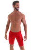 Fitted Pouch Lycra Shorts in Wet Look Lipstick Red, Front View; Fitted Pouch Lycra Shorts in Wet Look Lipstick Red, Rear View; Fitted Pouch Lycra Shorts in Wet