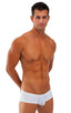Pouch Enhanced Micro Square Cut Swim Trunks in White and PowerNet White, Front View; Pouch Enhanced Micro Square Cut Swim Trunks in White and PowerNet White