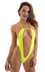 Vegas Micro Monokini G String in ThinSkinz Neon Chartreuse, Front View; Vegas Micro Monokini G String in ThinSkinz Neon Chartreuse, Rear View; Vegas Micro Monok