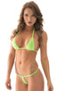 Teardrop G String Micro Bikini in ThinSkinz Lime, Front View; Teardrop G String Micro Bikini in ThinSkinz Lime, Rear View; Silver Tri-Ring connector; Special Or