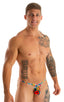 most popular mens sexy micro string bikini swimsuit by skinz swimwear in Semi Sheer Hibiscus Printed Mesh; Sunseeker Micro Pouch Half Back Bikini in Semi Sheer