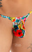 most popular mens sexy micro string bikini swimsuit by skinz swimwear in Semi Sheer Hibiscus Printed Mesh; Sunseeker Micro Pouch Half Back Bikini in Semi Sheer