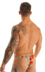 most popular mens sexy micro string bikini swimsuit by skinz swimwear in Semi Sheer Hibiscus Printed Mesh; Sunseeker Micro Pouch Half Back Bikini in Semi Sheer
