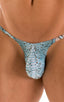 Sunseeker Micro Pouch Half Back Bikini in Super ThinSKINZ Aqua Python, Rear View; Sunseeker Micro Pouch Half Back Bikini in Super ThinSKINZ Aqua Python, Front V