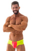 Pouch Enhanced Micro Square Cut Swim Trunks in ThinSKINZ Coral and Chartreuse, Front View; Pouch Enhanced Micro Square Cut Swim Trunks in ThinSKINZ Coral and Ch