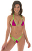 womens micro g string thong swimsuit tiny bikini skinz swimwear in Magenta; Twin Tip Micro G String in Magenta with Lime Binding, Rear View; Gold Tri-Ring conne