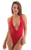 Plunging Neckline One Piece Tanga in ThinSkinz Red, Front View; Plunging Neckline One Piece Tanga in ThinSkinz Red, Rear View; Plunging Neckline One Piece Tanga
