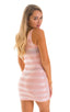 womens sexy mini dress bodycon rock star club sleeveless micro dresses in Pink Satin Stripe on Mesh; Micro Mini Dress in Pink Satin Stripe on Mesh, Rear View; S