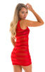 womens sexy mini dress bodycon rock star club sleeveless micro dresses in sheer Red Satin Stripe; Micro Mini Dress in Red Satin Stripe on Mesh, Rear View; Speci