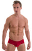 Pouch Enhanced Micro Swim Trunks in Semi-Sheer ThinSKINZ Red, Front View; Pouch Enhanced Micro Swim Trunks in Semi-Sheer ThinSKINZ Red, Rear View; Pouch Enhance
