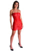 womens sexy mini dress bodycon bandeau club sleeveless micro dresses in sheer Red Satin Stripe Mesh; Mini Strapless Bodycon Dress in Red Satin Stripe Mesh, Rear