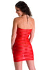 womens sexy mini dress bodycon bandeau club sleeveless micro dresses in sheer Red Satin Stripe Mesh; Mini Strapless Bodycon Dress in Red Satin Stripe Mesh, Rear