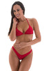 High Cut - Half Back - Scrunchie Bottom in Semi Sheer ThinSkinz Red, Rear View; High Cut - Half Back - Scrunchie Bottom in Semi Sheer ThinSkinz Red, Front View;
