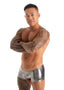 mens swimwear micro square cut swimsuit trunks by skinz swimwear in; Micro Low Square Cut Swim Trunks in Metallic Silver, This image features a male model showcasing a pair of men's swim trunks. The trunks are designed with a micro low cut and a square cut style, providing a snug and sexy fit.