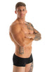 mens swimwear micro square cut swimsuit trunks by skinz swimwear in ThinSkinz Black; Micro Low Square Cut Swim Trunks in ThinSkinz Black 2; Micro Low Square Cut