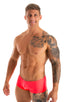 mens swimwear micro square cut swimsuit trunks by skinz swimwear in Semi Sheer ThinSkinz Neon Coral; Micro Low Square Cut Swim Trunks in Semi Sheer ThinSkinz Ne
