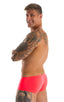 mens swimwear micro square cut swimsuit trunks by skinz swimwear in Semi Sheer ThinSkinz Neon Coral; Micro Low Square Cut Swim Trunks in Semi Sheer ThinSkinz Ne