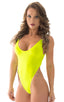 One Piece Thong Bikini in ThinSkinz Neon Chartreuse, Front View; One Piece Thong Bikini in ThinSkinz Neon Chartreuse, Rear View; Special Order Notice; One Piece