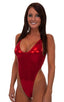 Womens One Piece Thong Swimsuit in liquid red; Womens sexy One Piece Thong Swimsuit with high leg opening; Womens; Woman wearing a sexy red one piece swimsuit on a white background