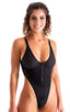 womens sexy swimwear one piece zipper front high cut thong swimsuit in sheer Black Peep Show; Zipper Front One Piece Thong Swimsuit in Black Peep Show 2; Zipper