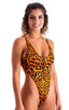 womens sexy swimwear one piece zipper front high cut thong swimsuit in Golden Leopard; Zipper Front One Piece Thong Swimsuit in Golden Leopard 2; Zipper Front O