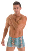 Square Cut Seamless Swim Trunks in Super ThinSKINZ Aqua Snakeskin 1; Square Cut Seamless Swim Trunks in Super ThinSKINZ Aqua Snakeskin, Rear View; Square Cut Se