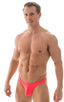 Large Pouch Swimsuit Bikini in Semi Sheer Neon Coral, Front View; Large Pouch Swimsuit Bikini in Semi Sheer Neon Coral, Rear View; Large Pouch Swimsuit Bikini i