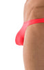 Large Pouch Swimsuit Bikini in Semi Sheer Neon Coral, Front View; Large Pouch Swimsuit Bikini in Semi Sheer Neon Coral, Rear View; Large Pouch Swimsuit Bikini i