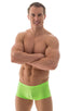 mens swimwear square cut boxer style swimsuit in ThinSKINZ Neon Lime semi sheer; Extreme Low Square Cut Swim Trunks in ThinSKINZ Neon Lime, Rear View; Extreme L