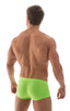 mens swimwear square cut boxer style swimsuit in ThinSKINZ Neon Lime semi sheer; Extreme Low Square Cut Swim Trunks in ThinSKINZ Neon Lime, Rear View; Extreme L