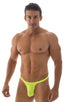 T Back Thong Swimsuit - Bravura Pouch in ThinSKINZ Chartreuse, Front View; T Back Thong Swimsuit - Bravura Pouch in ThinSKINZ Chartreuse, Rear View; Special Ord