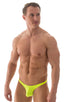mens sexy bikini with fitted pouch and rear in ThinSKINZ Neon Chartreuse, Front View; Fitted Pouch Puckered Back Bikini in ThinSKINZ Neon Chartreuse, Rear View
