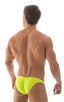 mens sexy bikini with fitted pouch and rear in ThinSKINZ Neon Chartreuse, Front View; Fitted Pouch Puckered Back Bikini in ThinSKINZ Neon Chartreuse, Rear View