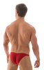 mens sexy bikini with fitted pouch and rear in ThinSKINZ Lipstick Red, Front View; Fitted Pouch Puckered Back Bikini in ThinSKINZ Lipstick Red, Rear View; Spec