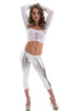 SUPER Low Capri Leggings in Metallic Silver, Front View; SUPER Low Capri Leggings in Metallic Silver, Rear View; SUPER Low Capri Leggings in Metallic Silver, Fr