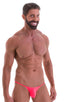 Stuffit Pouch Half Back Tanning Swimsuit in ThinSKINZ Neon Coral, Front View; Stuffit Pouch Half Back Tanning Swimsuit in ThinSKINZ Neon Coral, Rear View; Stuff