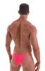 Stuffit Pouch Half Back Tanning Swimsuit in ThinSKINZ Neon Coral, Front View; Stuffit Pouch Half Back Tanning Swimsuit in ThinSKINZ Neon Coral, Rear View; Stuff