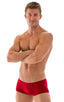 mens swimwear square cut boxer style swimsuit in Semi Sheer ThinSkinz Red; Extreme Low Square Cut Swim Trunks in Semi Sheer ThinSkinz Red, Rear View; Special Or